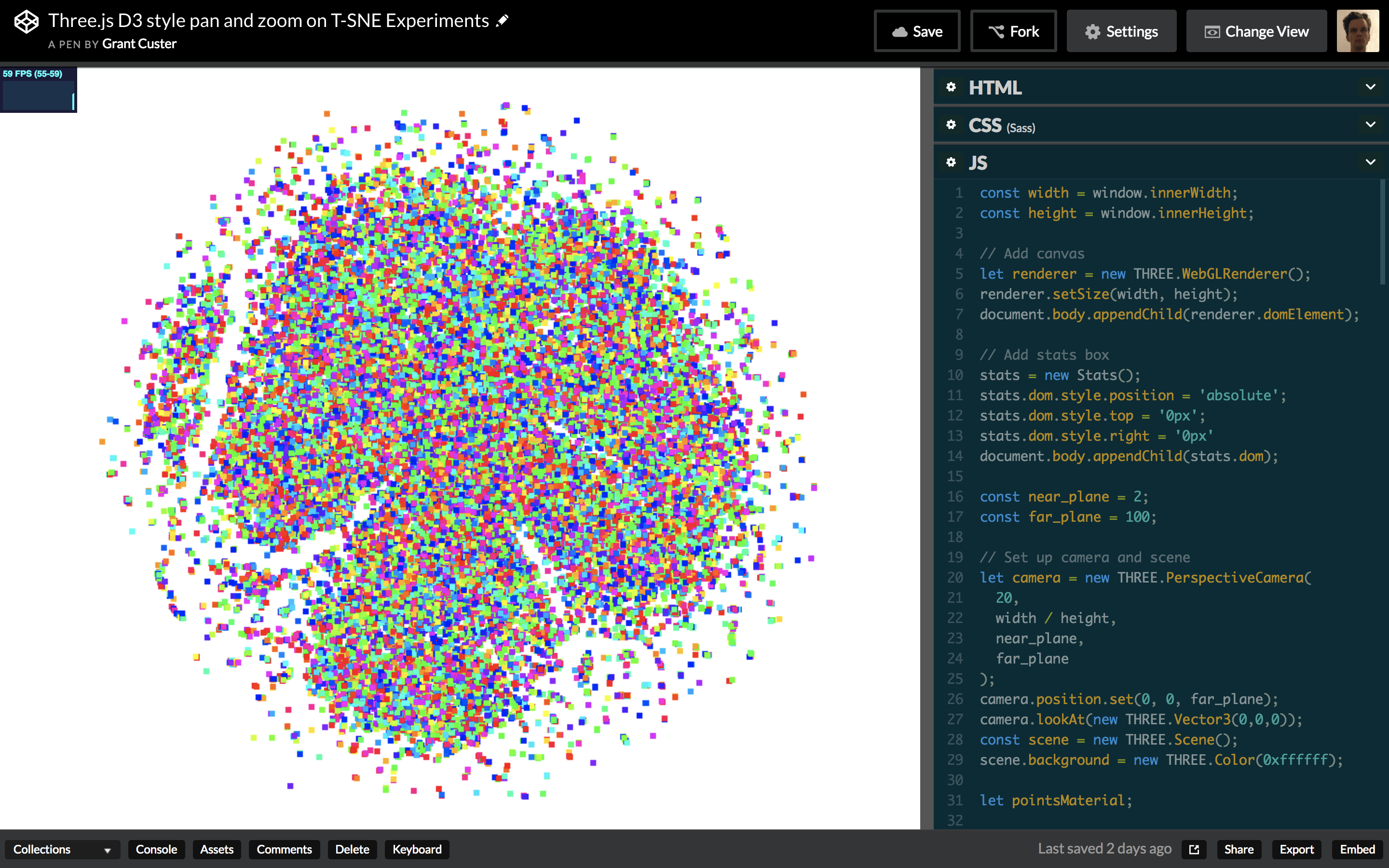A screenshot of the final working demo: a plotted t-sne with working pan and zoom.