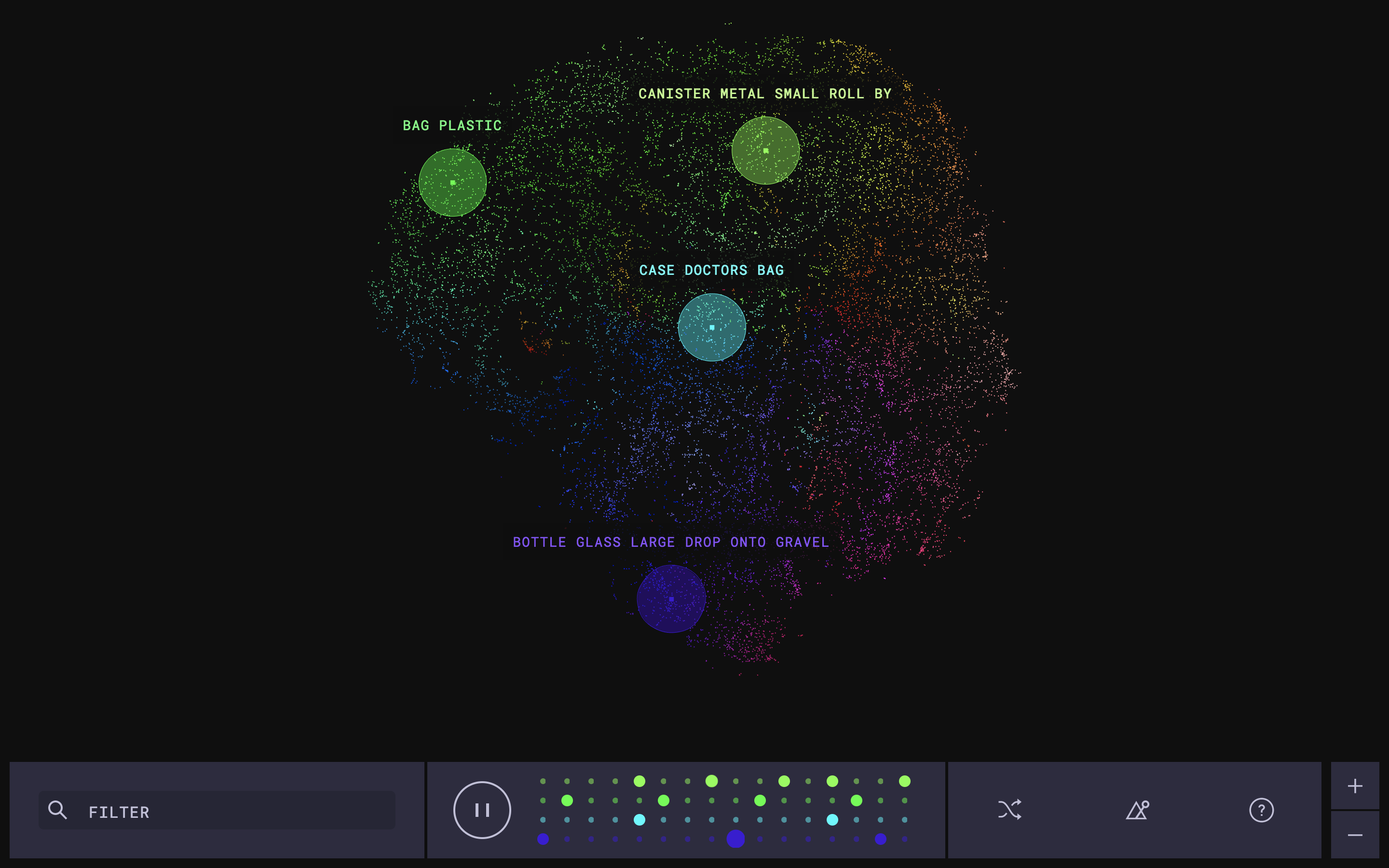A screenshot of The Infinite Drum Machine. Showing the sample map with certain sounds like “Bag Plastic” highlighted and a drum sequencer at the bottom.
