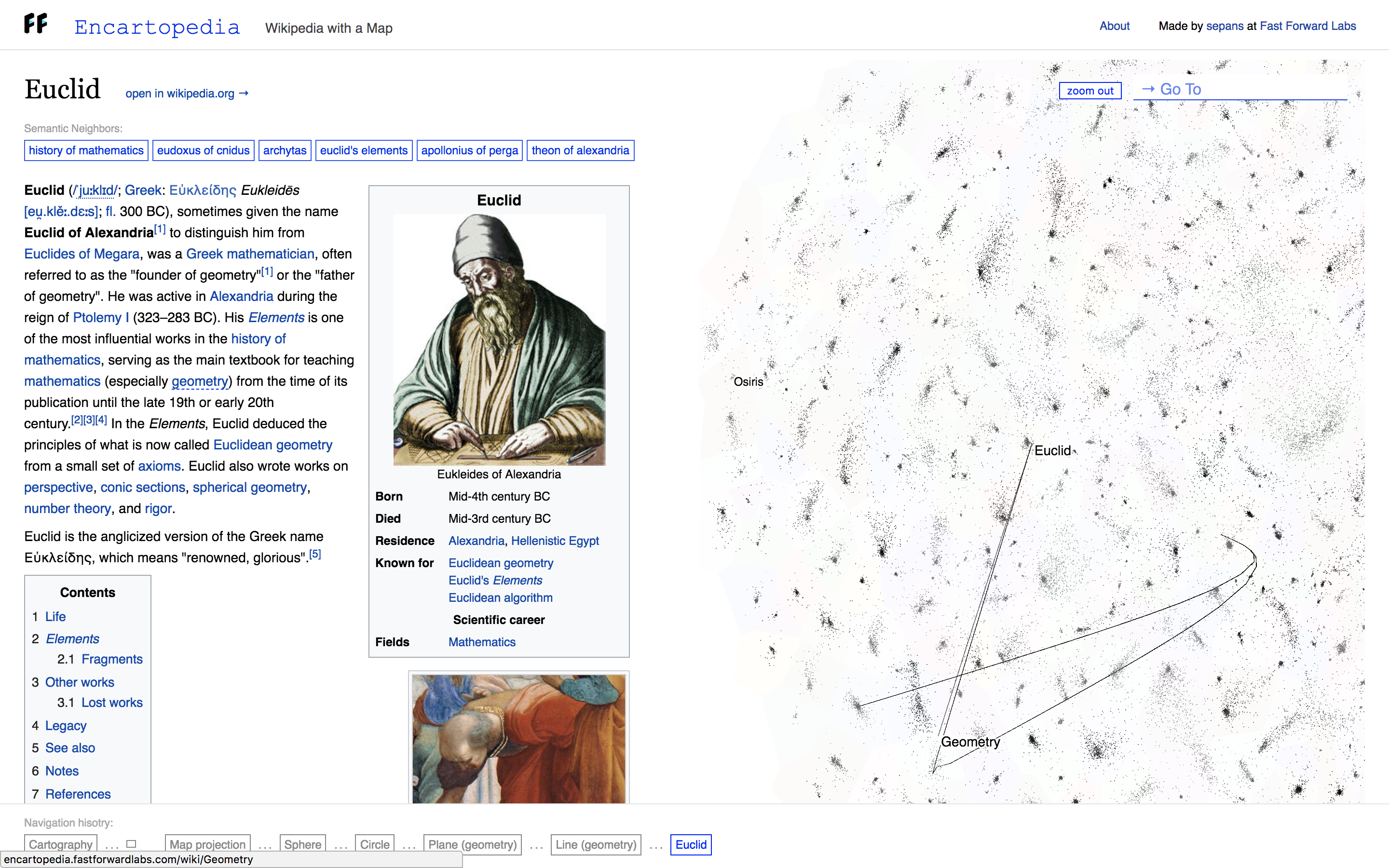 A screenshot of Encartopedia. On the left is the Wikipedia article on Euclid. On the right is a visualization of the articles on Wikipedia and a line showing the user’s journey through other articles to get to the Euclid article.