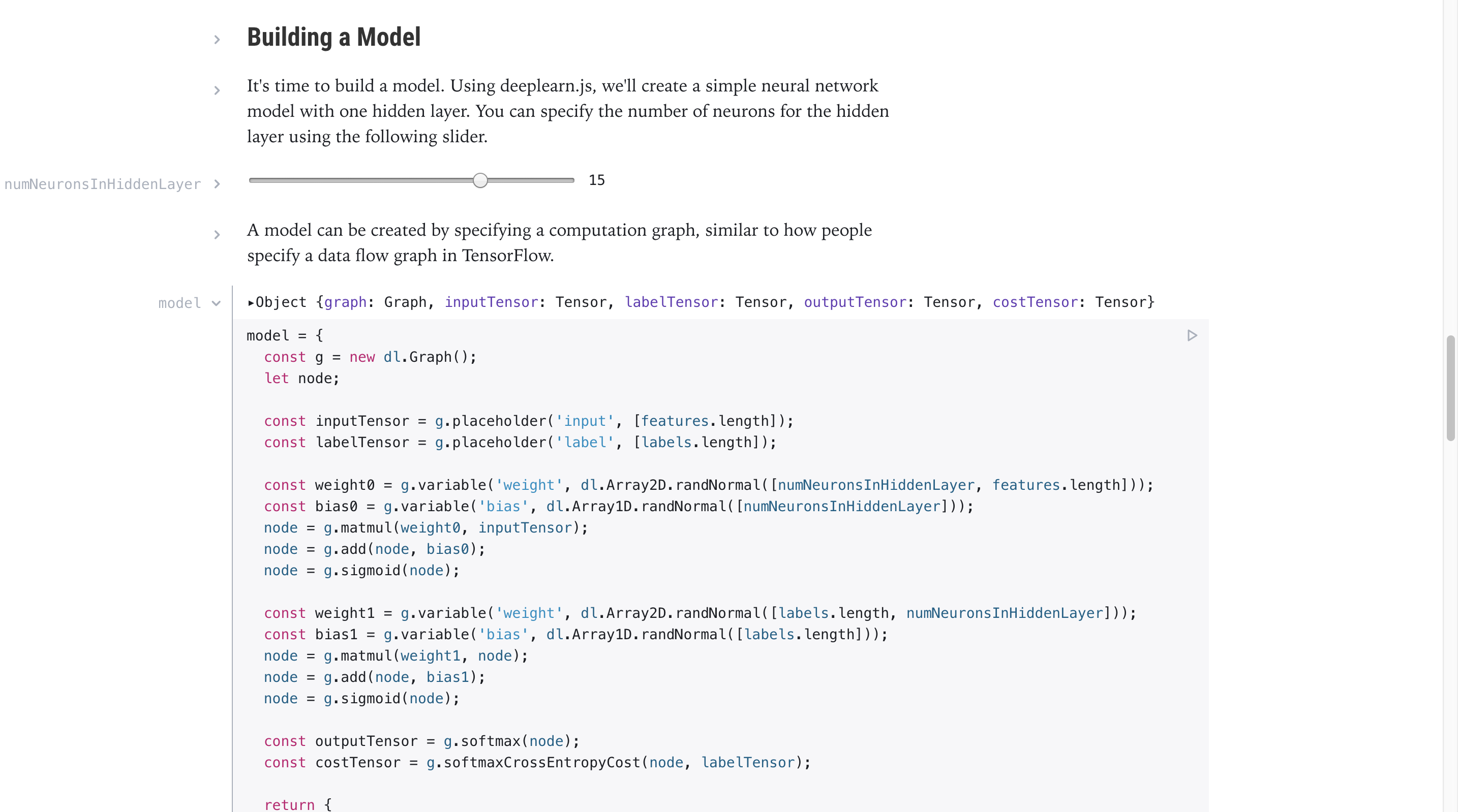 A screenshot form a section of Minsuk Kahng’s Deep Learning Tutorial. It shows the model code and a slider for specifying the number of neurons in the hidden layer.