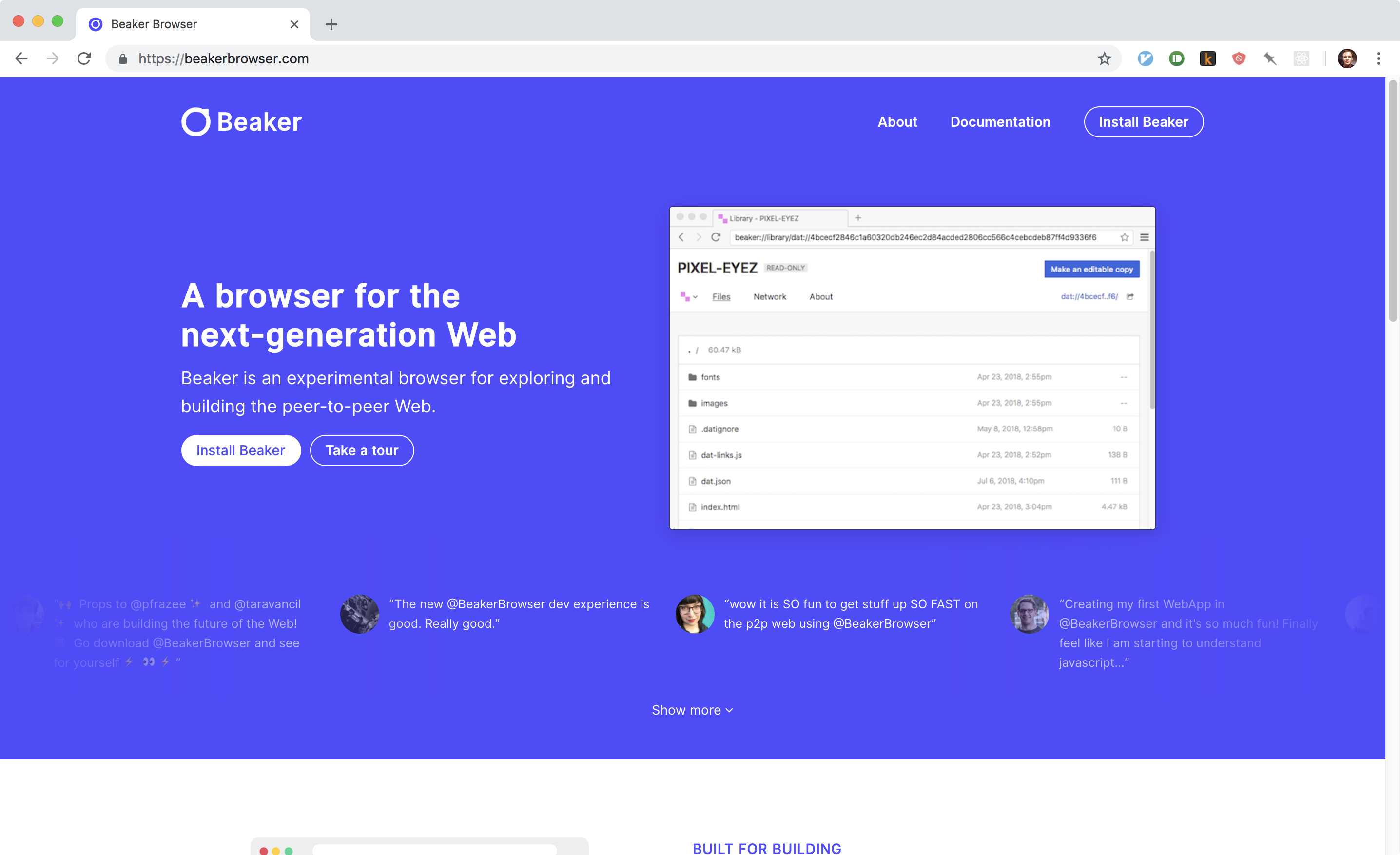 A screenshot of the Beaker browser website.